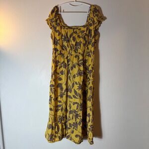 Eloquii Yellow‎ Leaf Print Smocked Square Neck Midi Dress Size 16